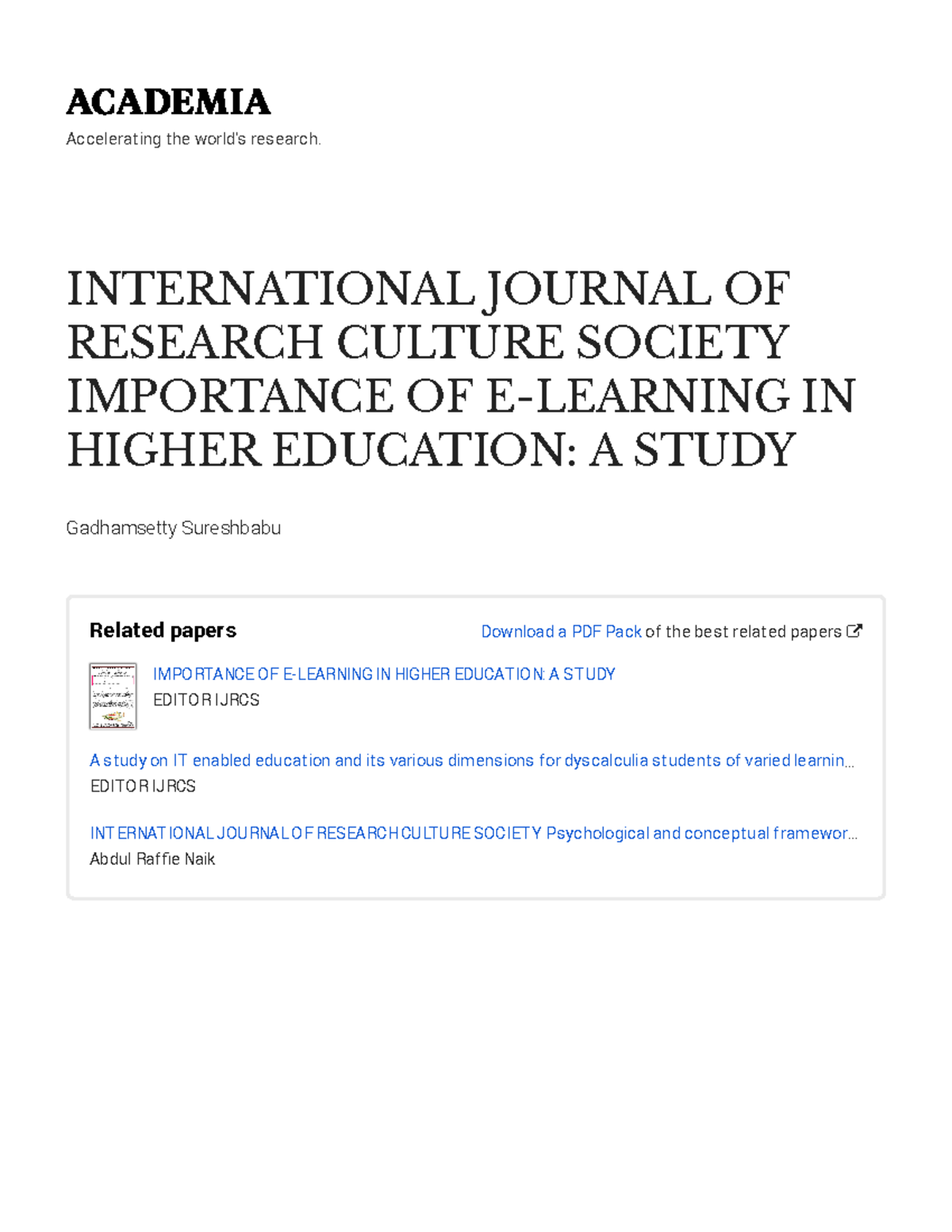 Importance OF E- Learning IN Higher Education - Accelerat ing t he ...
