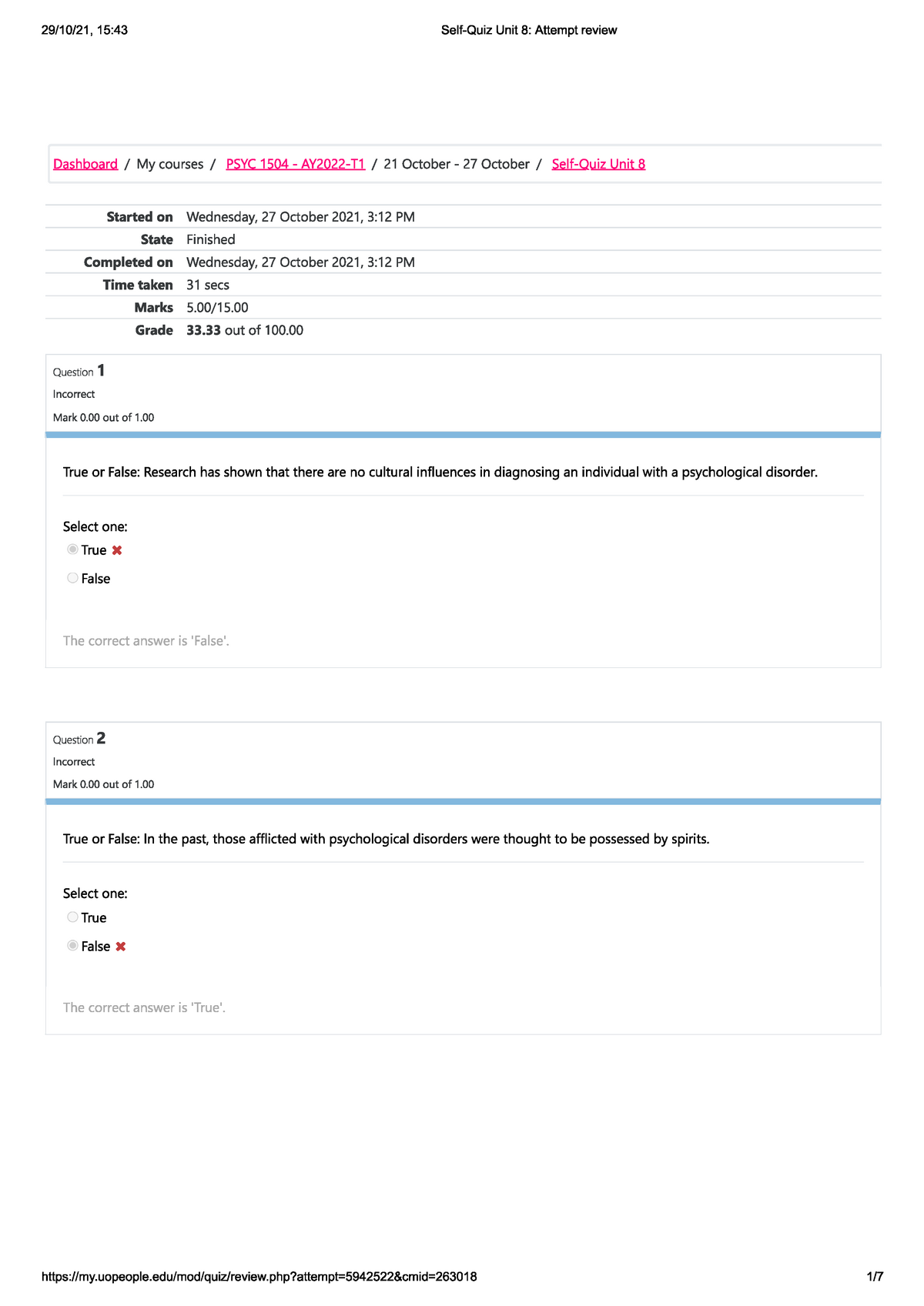 PSYC 1504 Introduction To Psychology - Self Quiz Unit 8 - PSYC 1504 ...