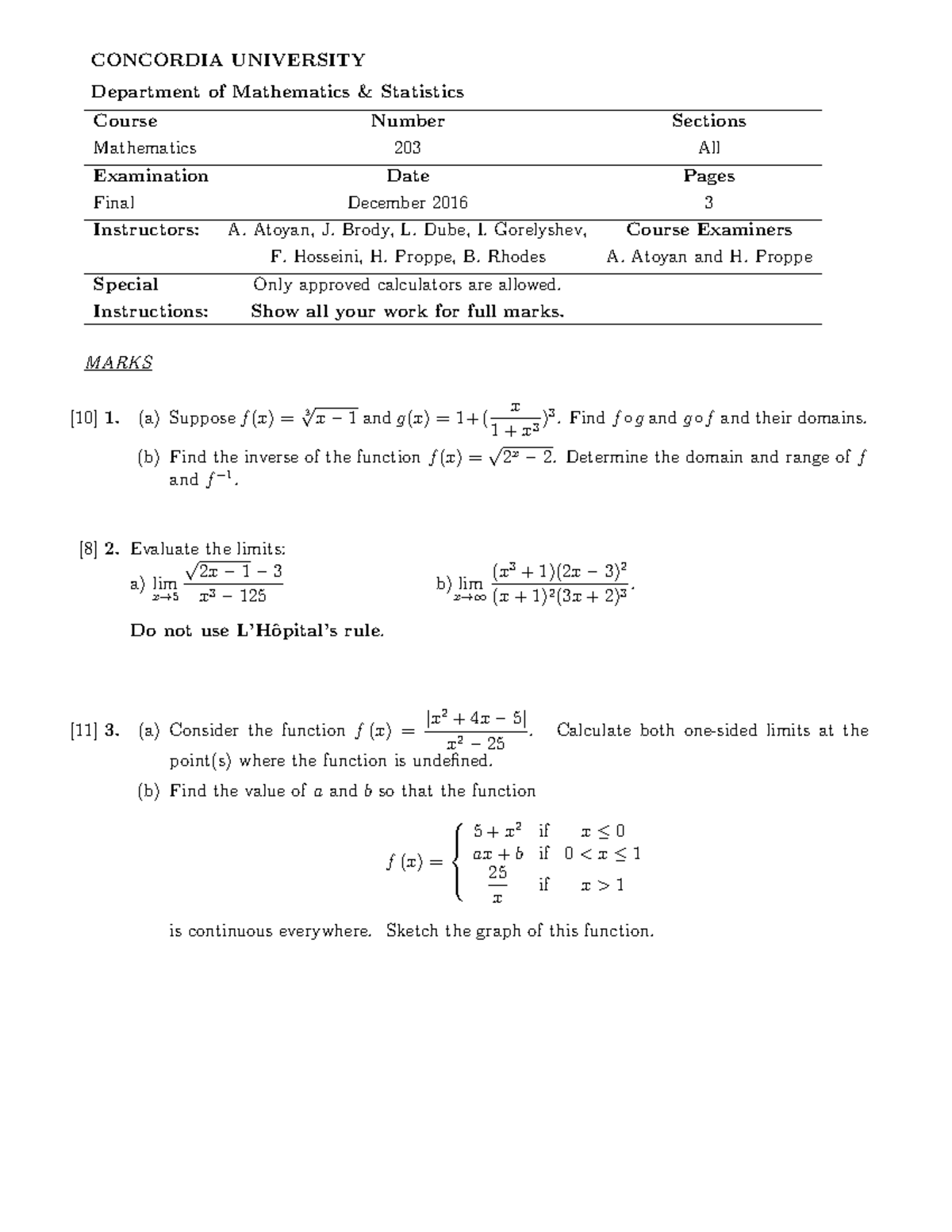 2016 Fall Final - CONCORDIA UNIVERSITY Department of Mathematics ...