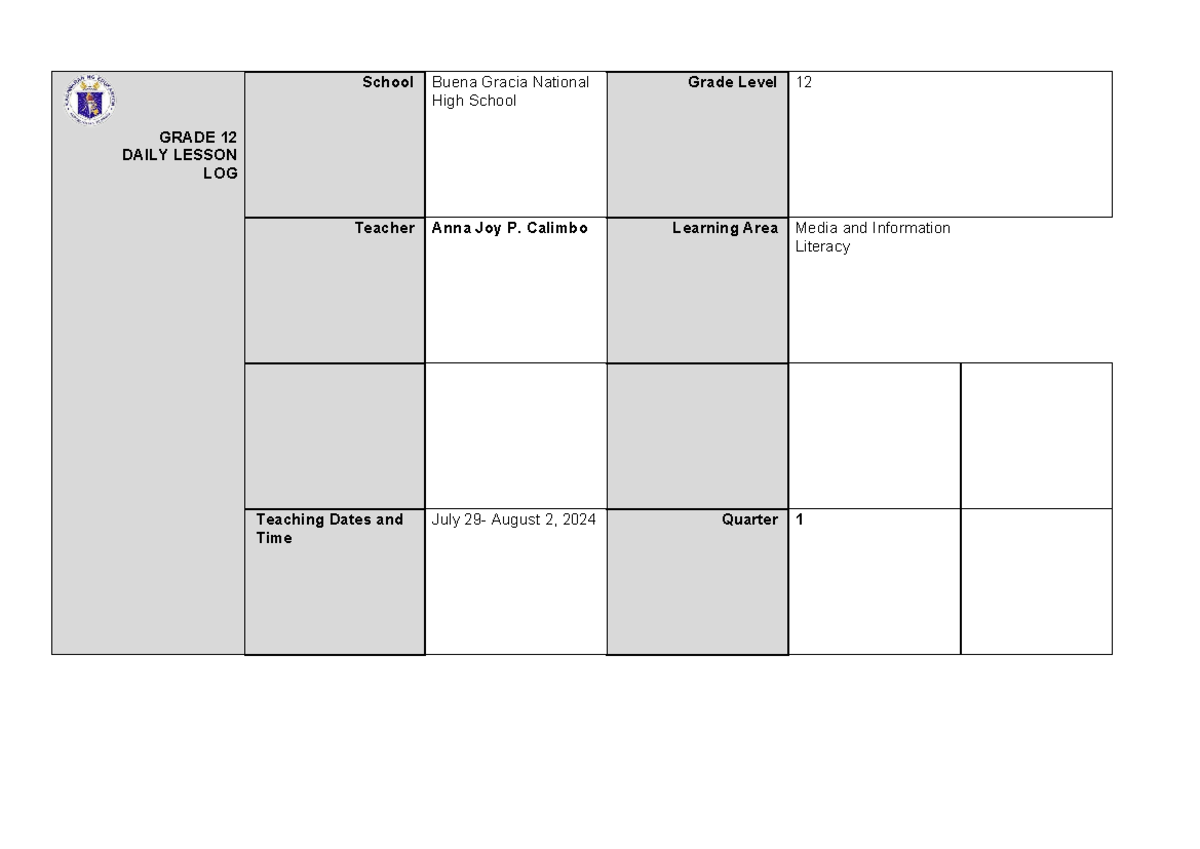 MIL DLL WEEK 1 - MEDIA AND INFO - GRADE 12 DAILY LESSON LOG School ...