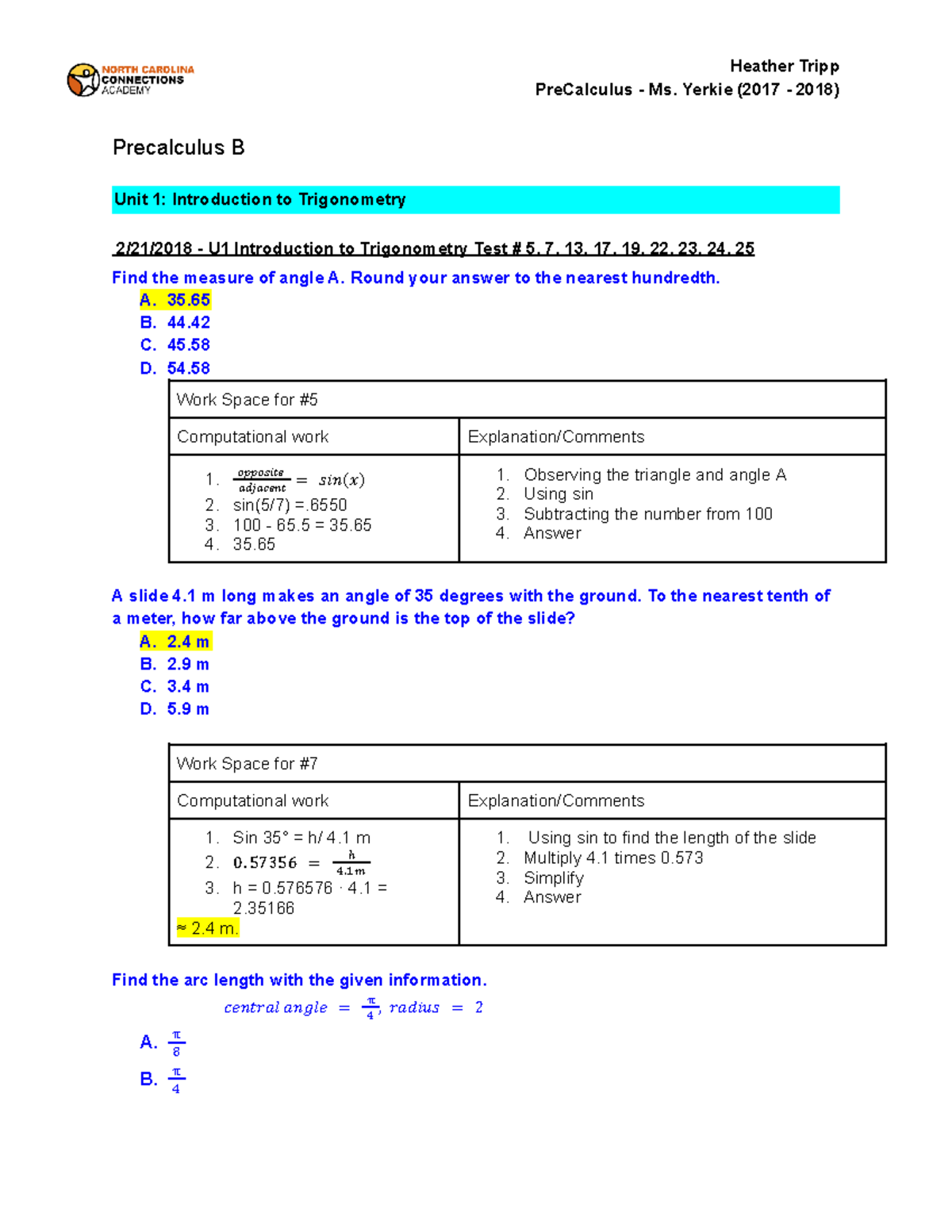 Pre Cal B Unit 1 Intro To Trig - PreCalculus - Ms. Yerkie (2017 - 2018 ...