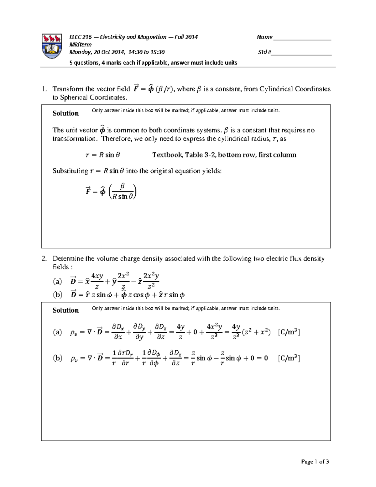 Exam October 2014, Questions And Answers ELEC 216 — Electricity and