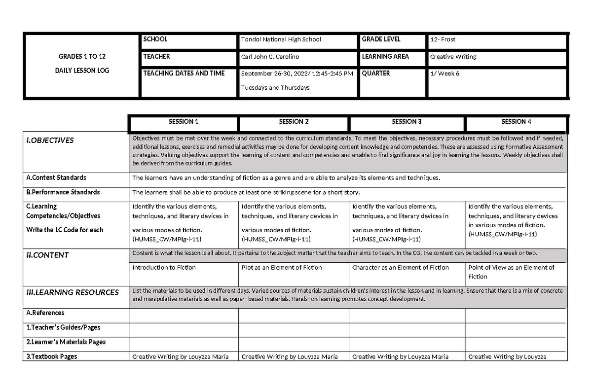 creative writing daily lesson log and lesson plan - GRADES 1 TO 12 ...