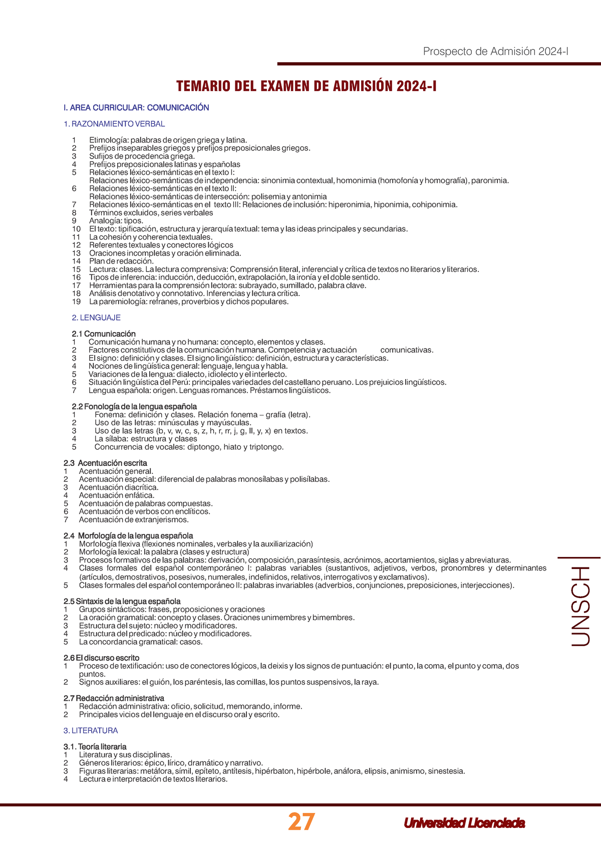 Temario - Pre Examen 2024 - UNSCH TEMARIO DEL EXAMEN DE ADMISIÓN 2024-I ...