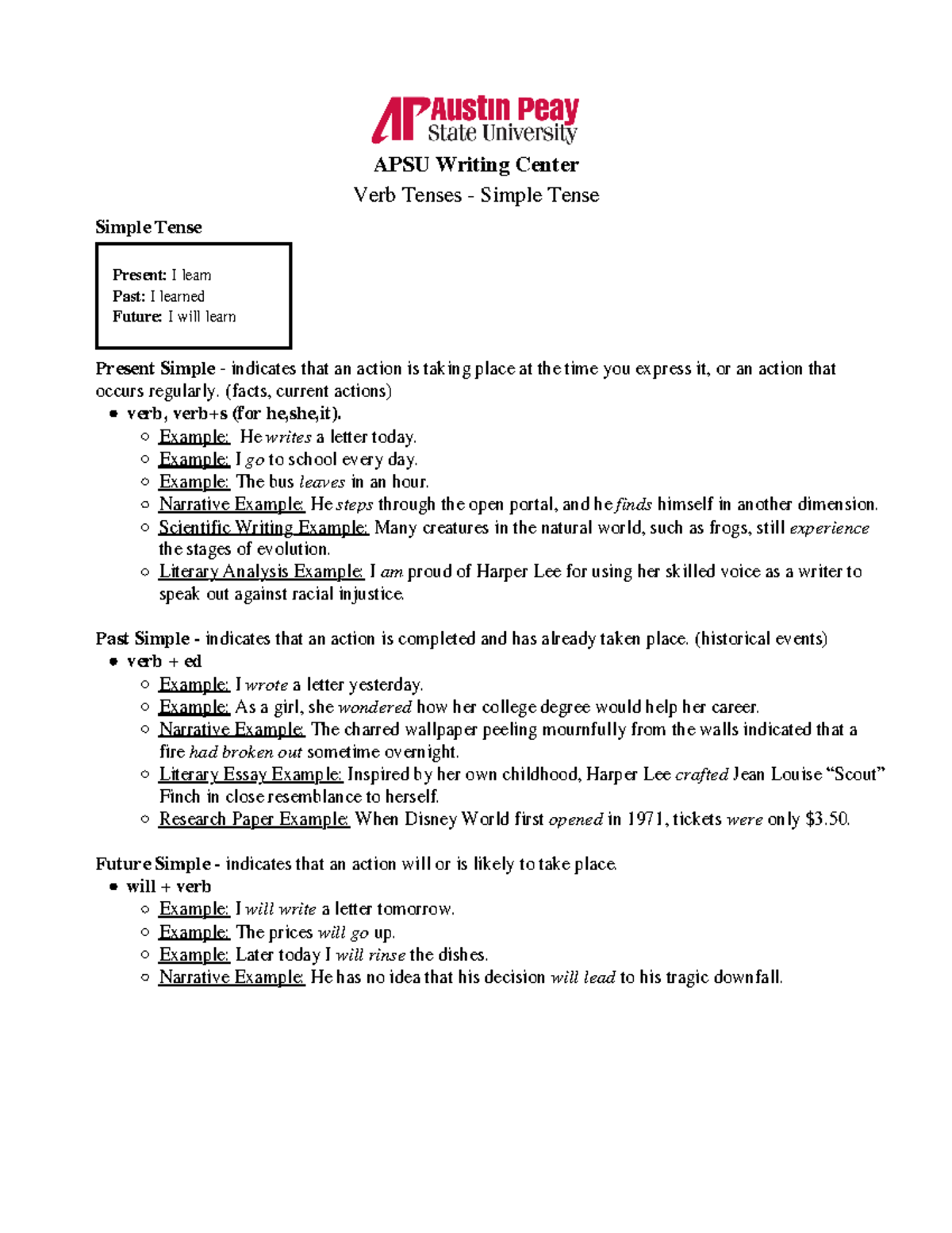 Verb tenses present future past - verb, verb+s (for he,she,it). Example ...