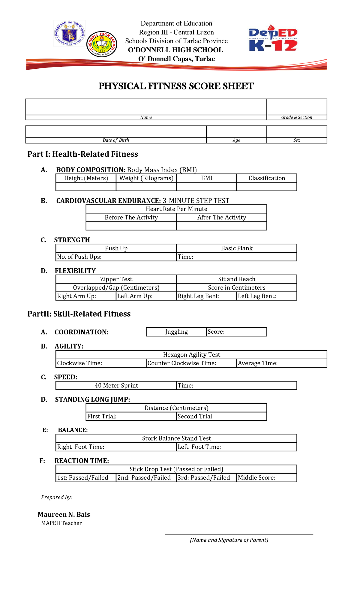PFScoreCard Physical Fitness Test Score Sheet A. COORDINATION