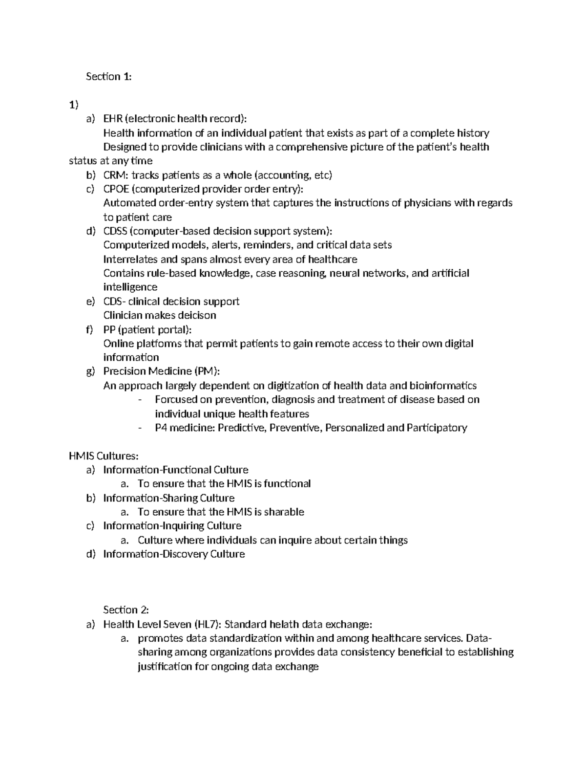 C427 Healthcare IT Study Guide - Section 1: 1) a) EHR (electronic ...