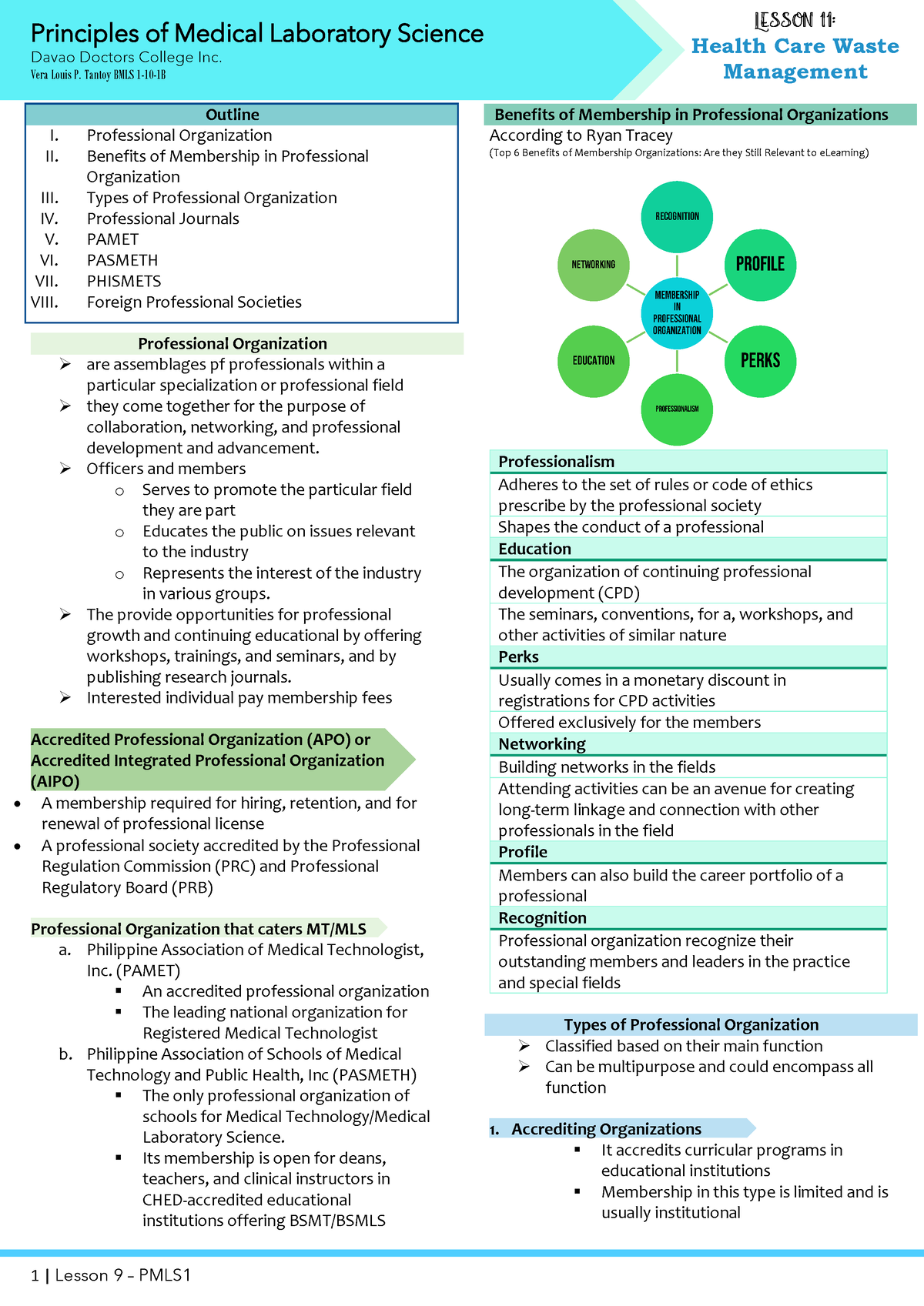 PMLS 1 Lesson 9 - Davao Doctors College Inc. Vera Louis P. Tantoy BMLS ...