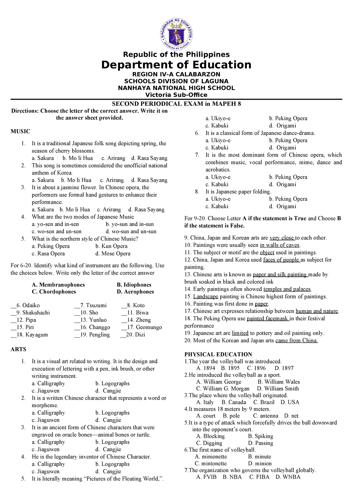 Mapeh 8 Second Quarter TEST - Republic Of The Philippines Department Of ...