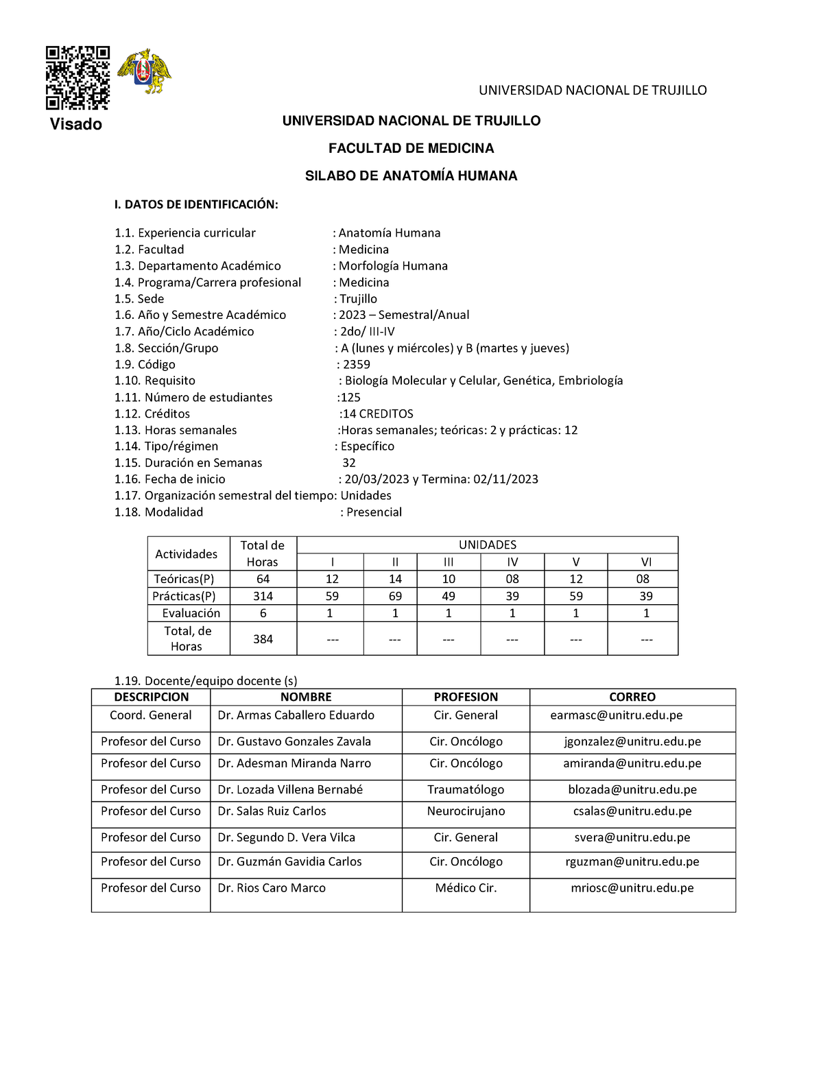 Sílabo DE Anatomía Humana - UNIVERSIDAD NACIONAL DE TRUJILLO FACULTAD ...