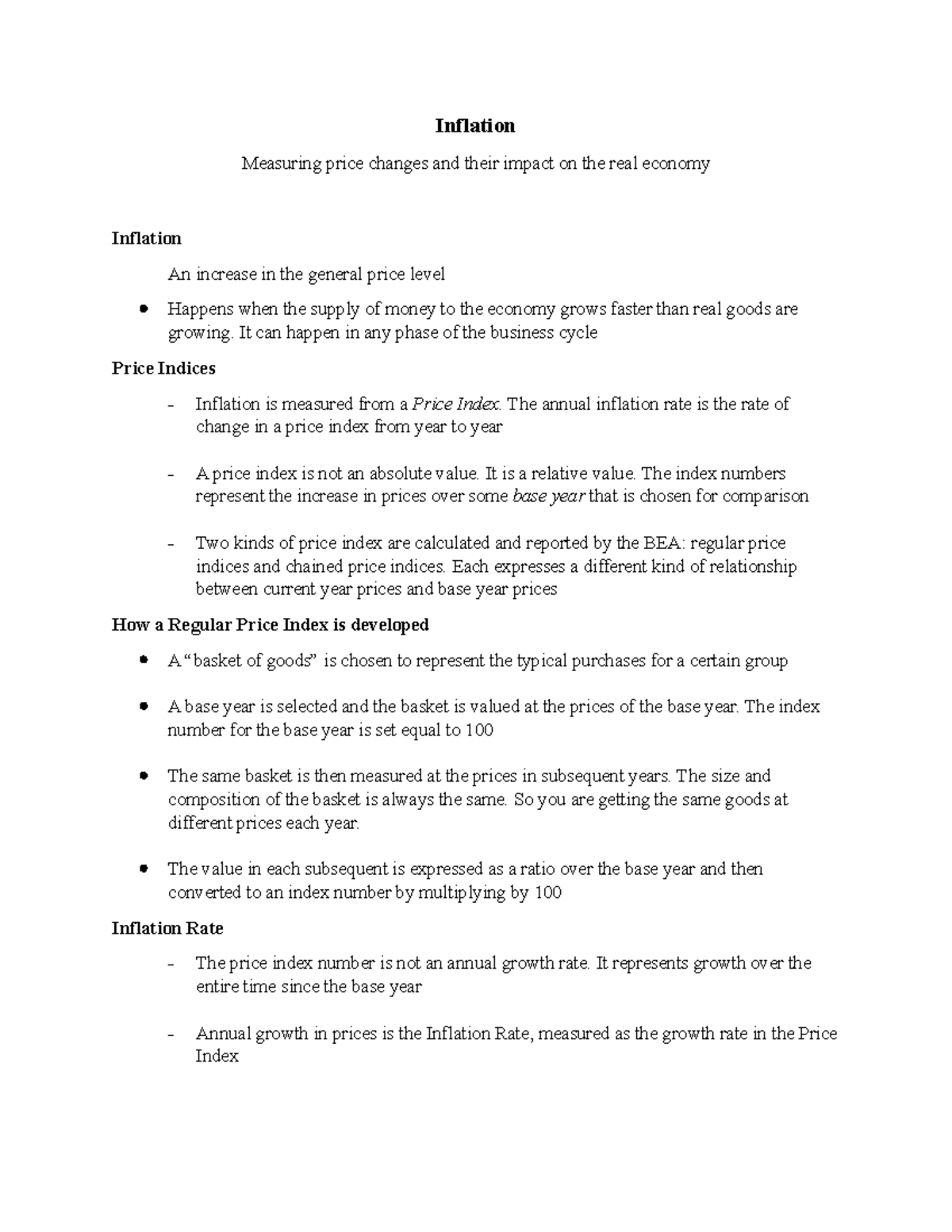 Inflation Lecture notes 13 Inflation Measuring price changes and