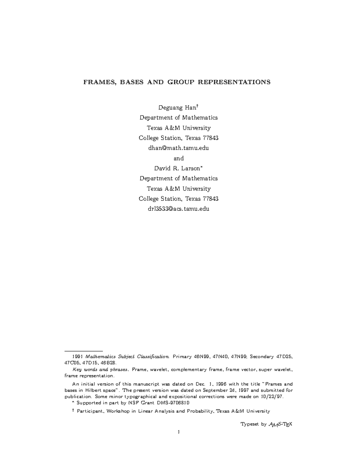 TB Frames and Group - Nothing - FRAMES, BASES AND GROUP REPRESENTATIONS ...