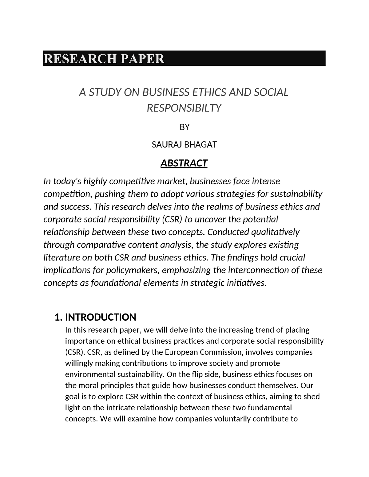 research paper about business ethics