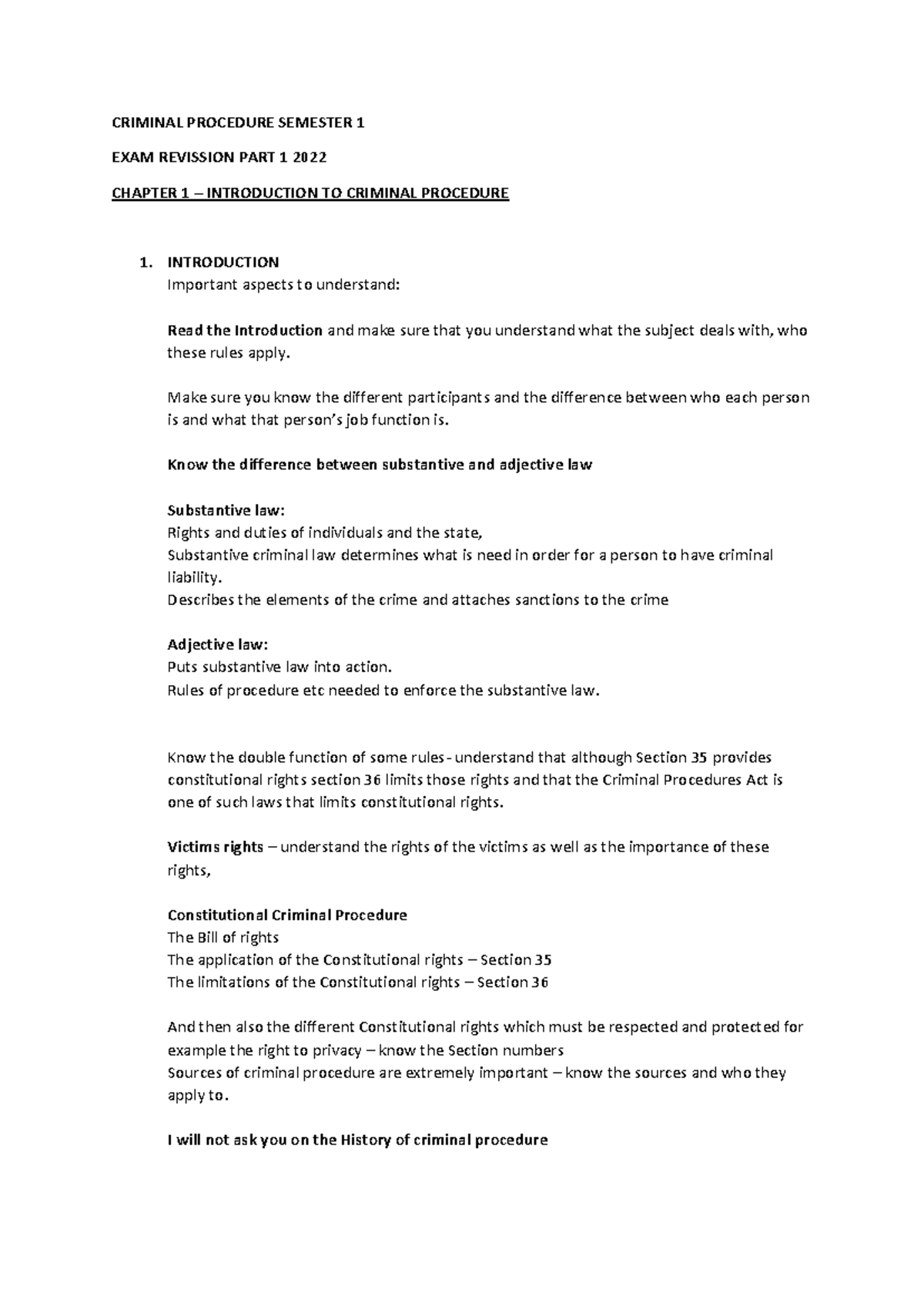 Exam prep - Law lecturers notes - CRIMINAL PROCEDURE SEMESTER 1 EXAM ...