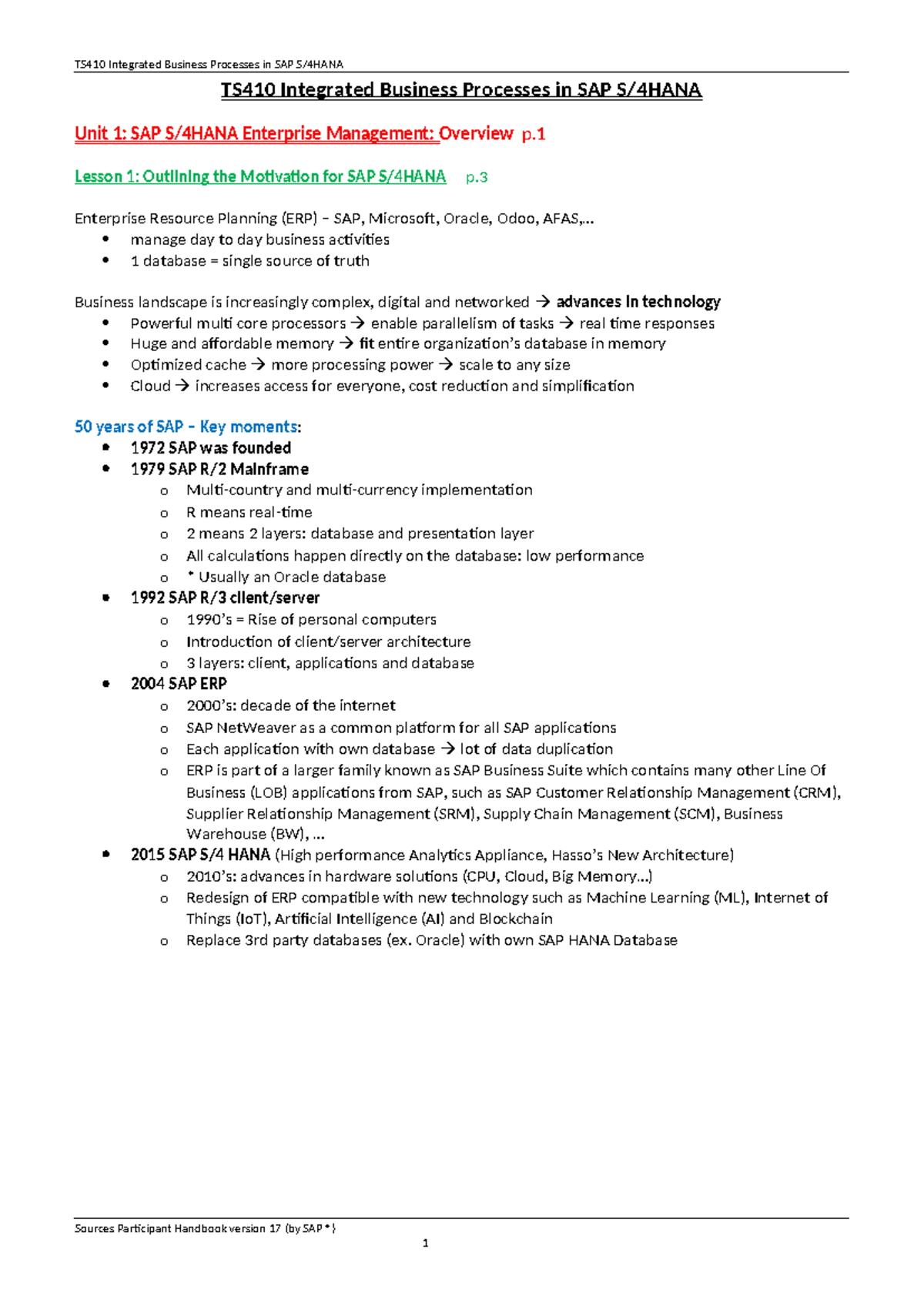 TS410 Integrated Business Processes in SAP - Summary full - TS410 ...