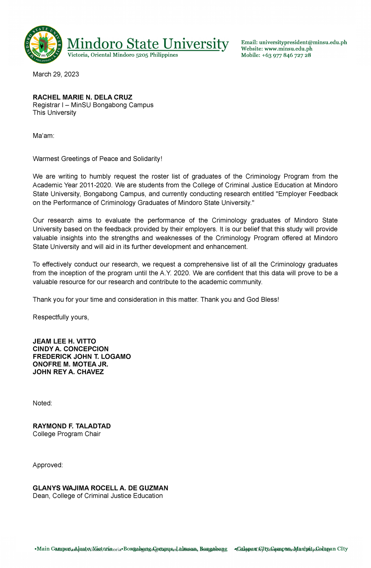 Letter to thre registrar - March 29, 2023 RACHEL MARIE N. DELA CRUZ ...