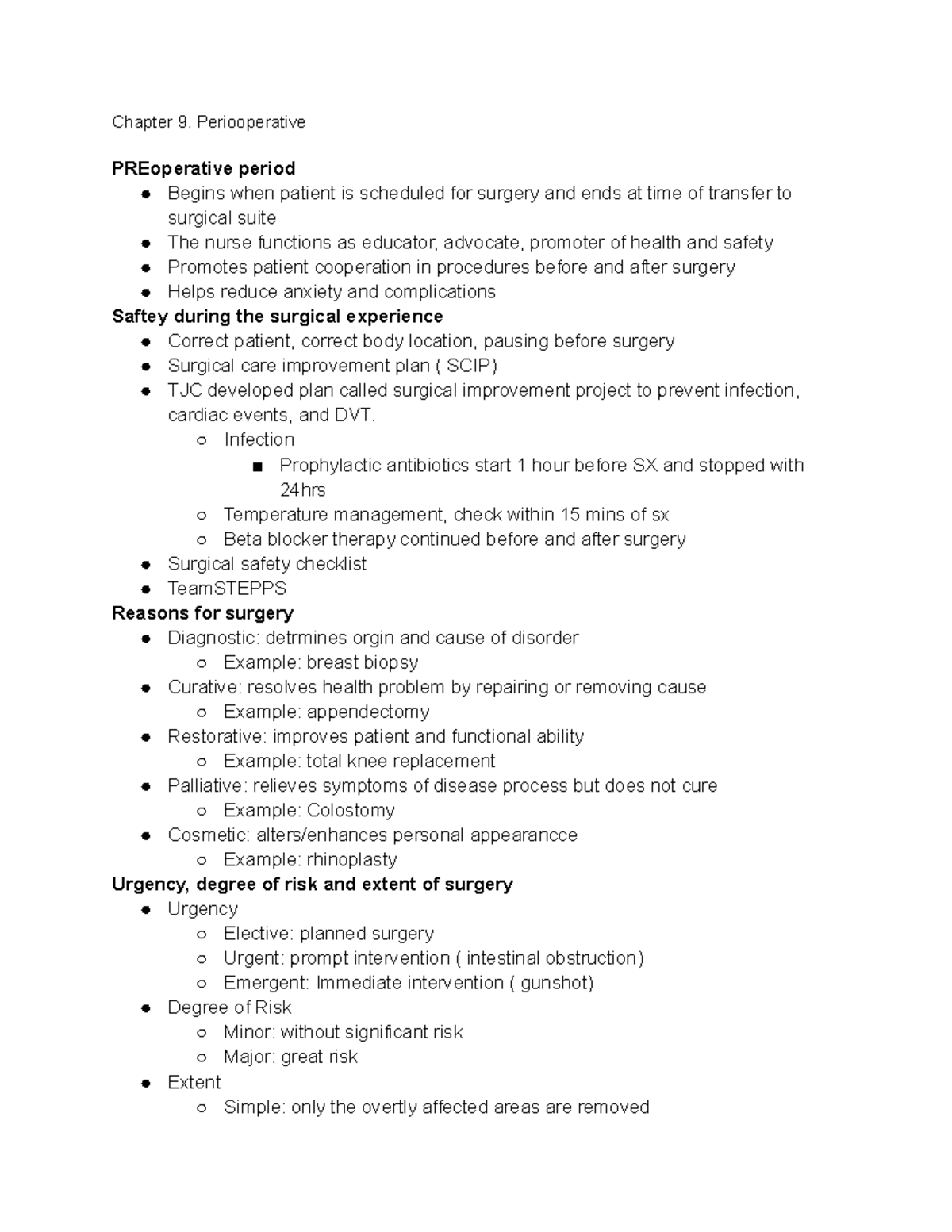Week 4 Med Surg pre op and post op Chapter 9. Periooperative