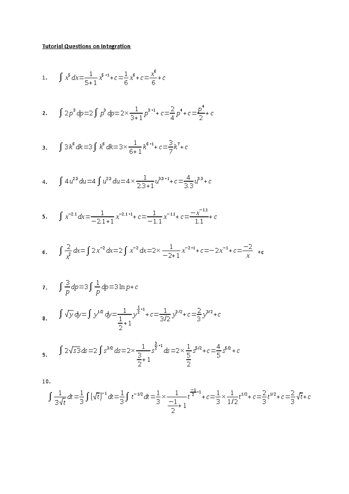 Tutorial 10 . Questions on Integration - Tutorial Questions on ...