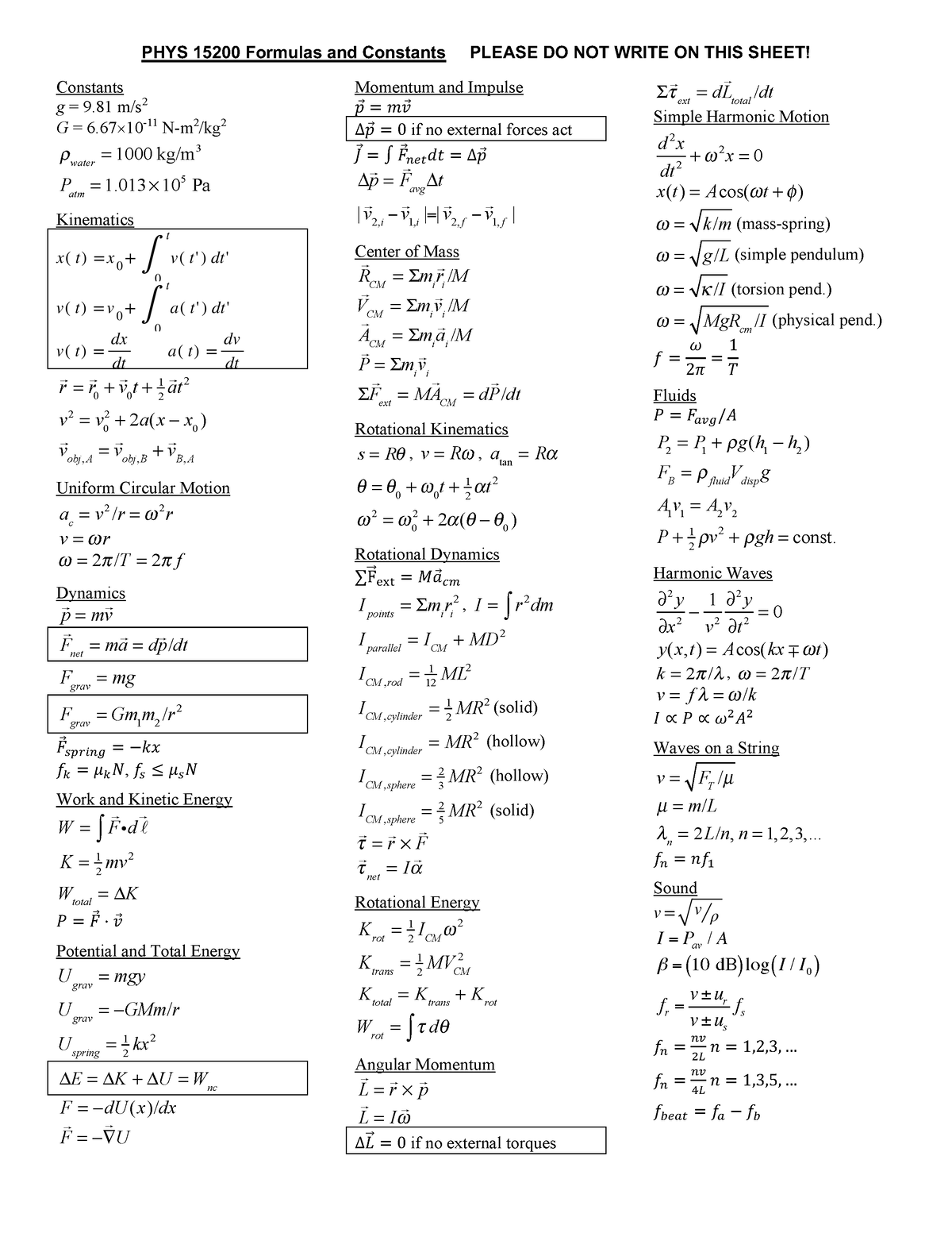Physics formula - Ch11 and 13 equations not listed - PHYS 15200 ...