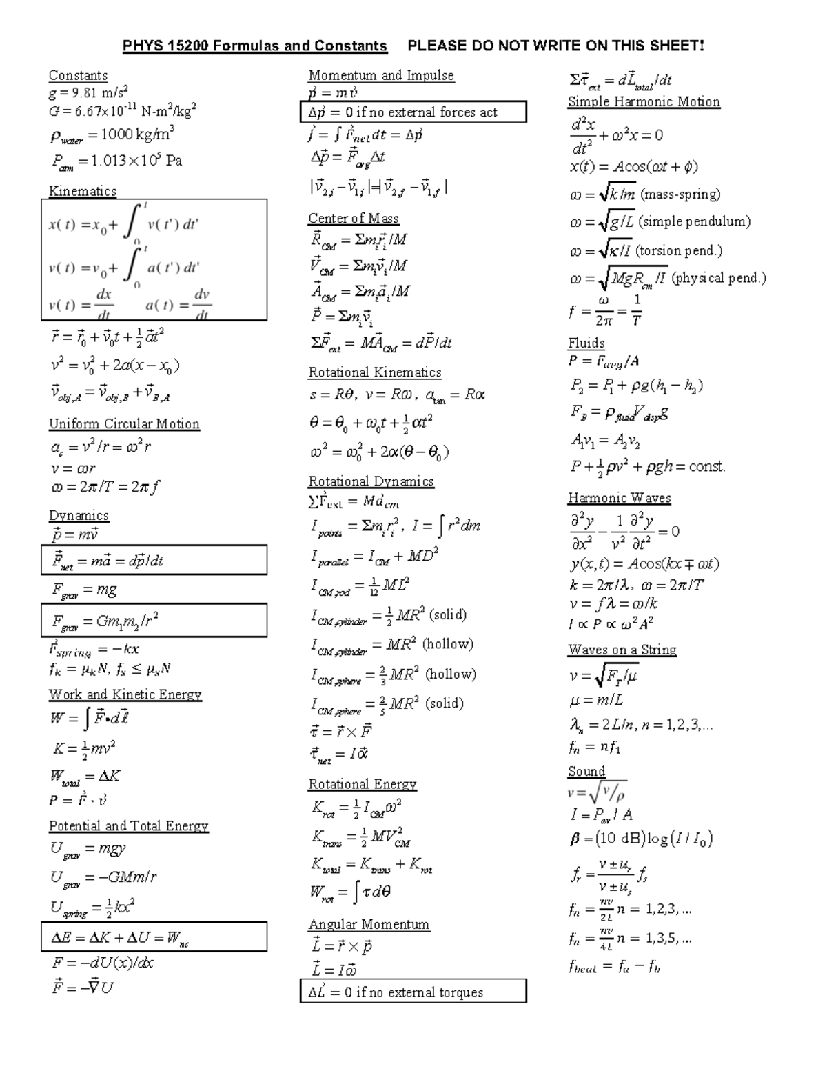 Physics formula - Ch11 and 13 equations not listed - PHYS 15200 ...