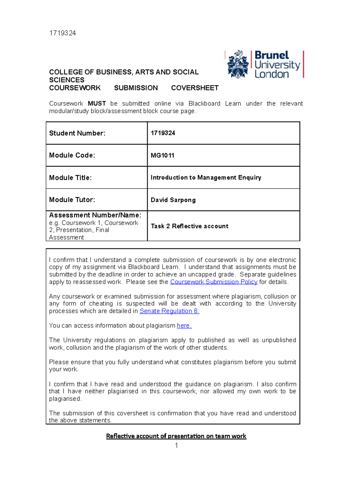 CourseworkMG1011 - 1719324 COLLEGE OF BUSINESS, ARTS AND SOCIAL ...