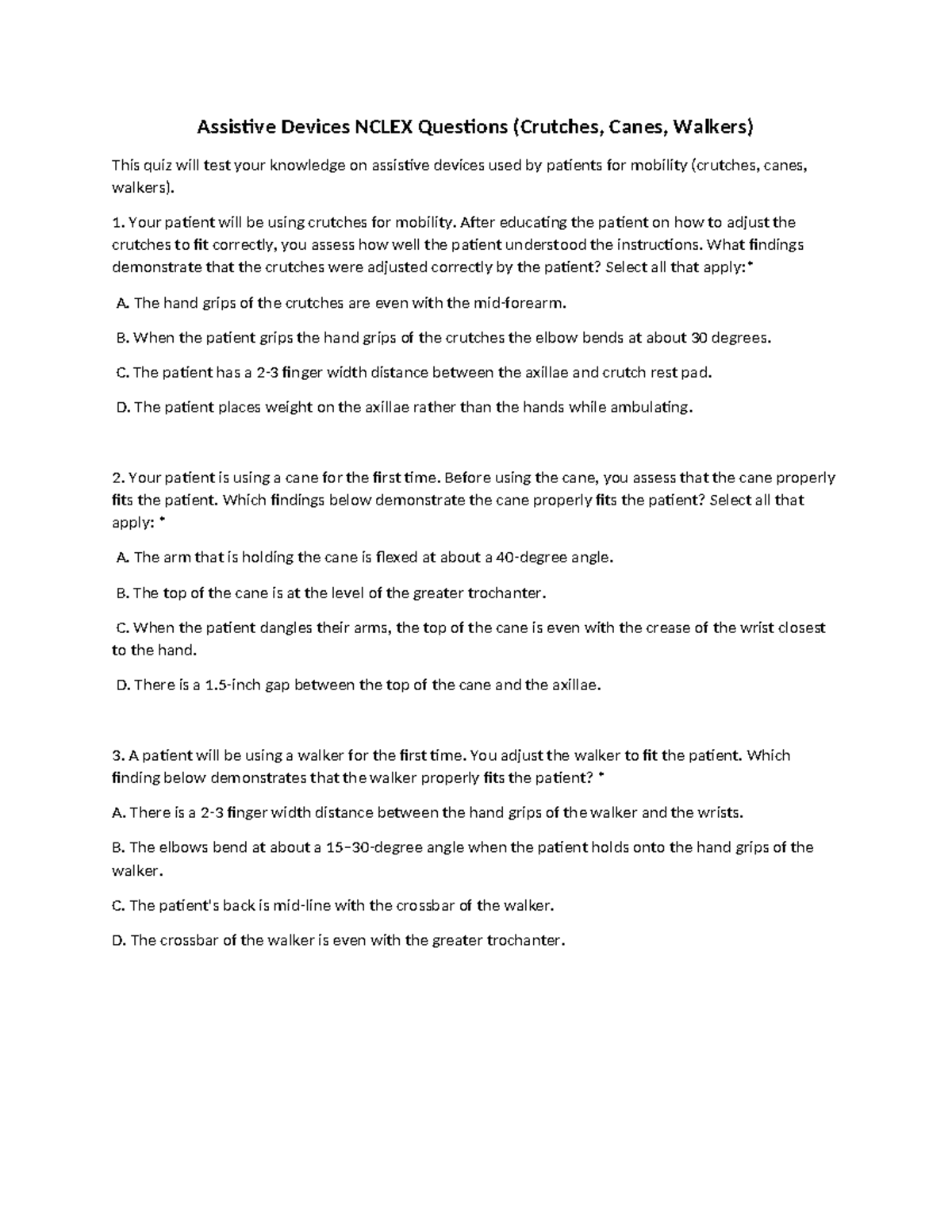 Assistive Devices Canes, Crutches, Walkers Worksheet 1 Assistive