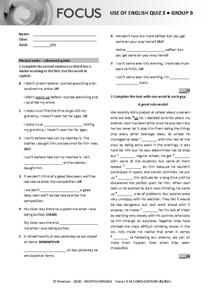 Focus 4 2E Review Test 4 Units 1 8 Vocabulary Grammar Uo E Reading ...