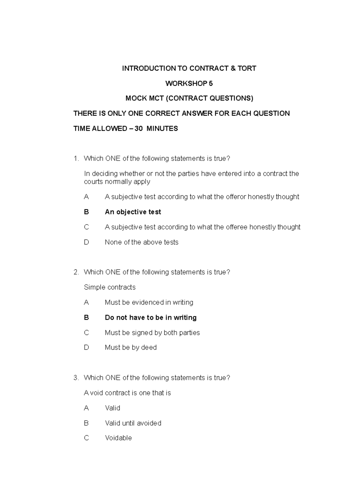 Workshop 5 - MOCK MCT - Answers - INTRODUCTION TO CONTRACT & TORT ...