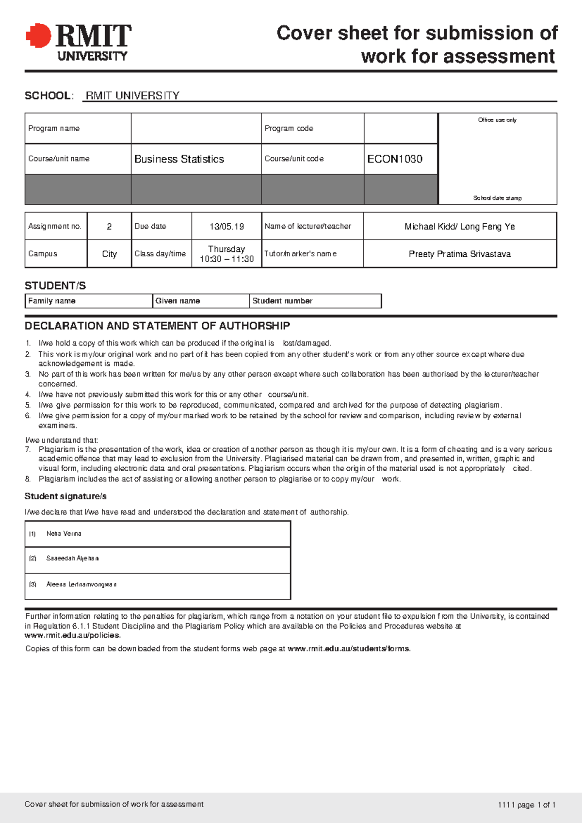 Intro to statistics Group Assignment (Year 1) - Cover sheet for ...