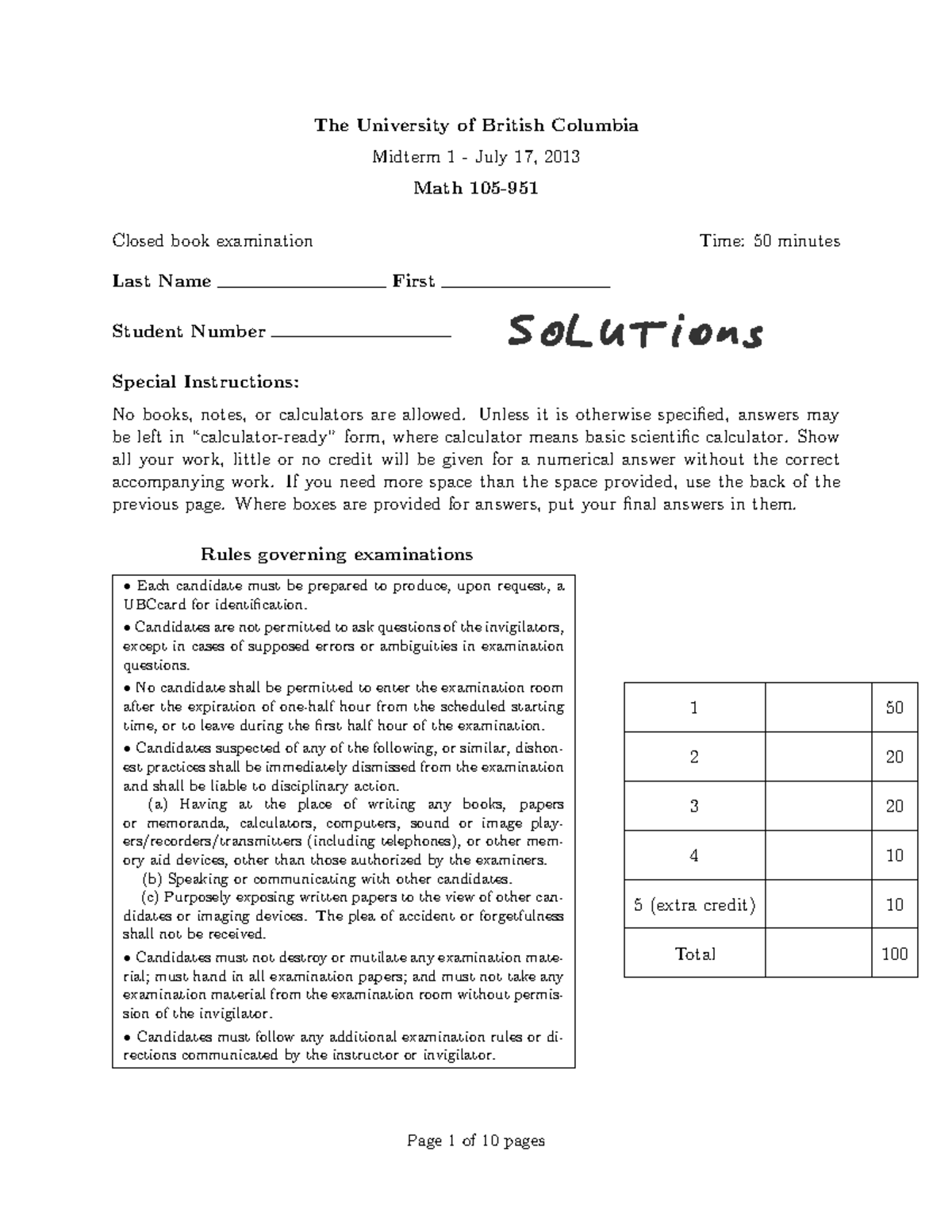 Midterm 1 Solutions - Math 105 - The University Of British Columbia ...