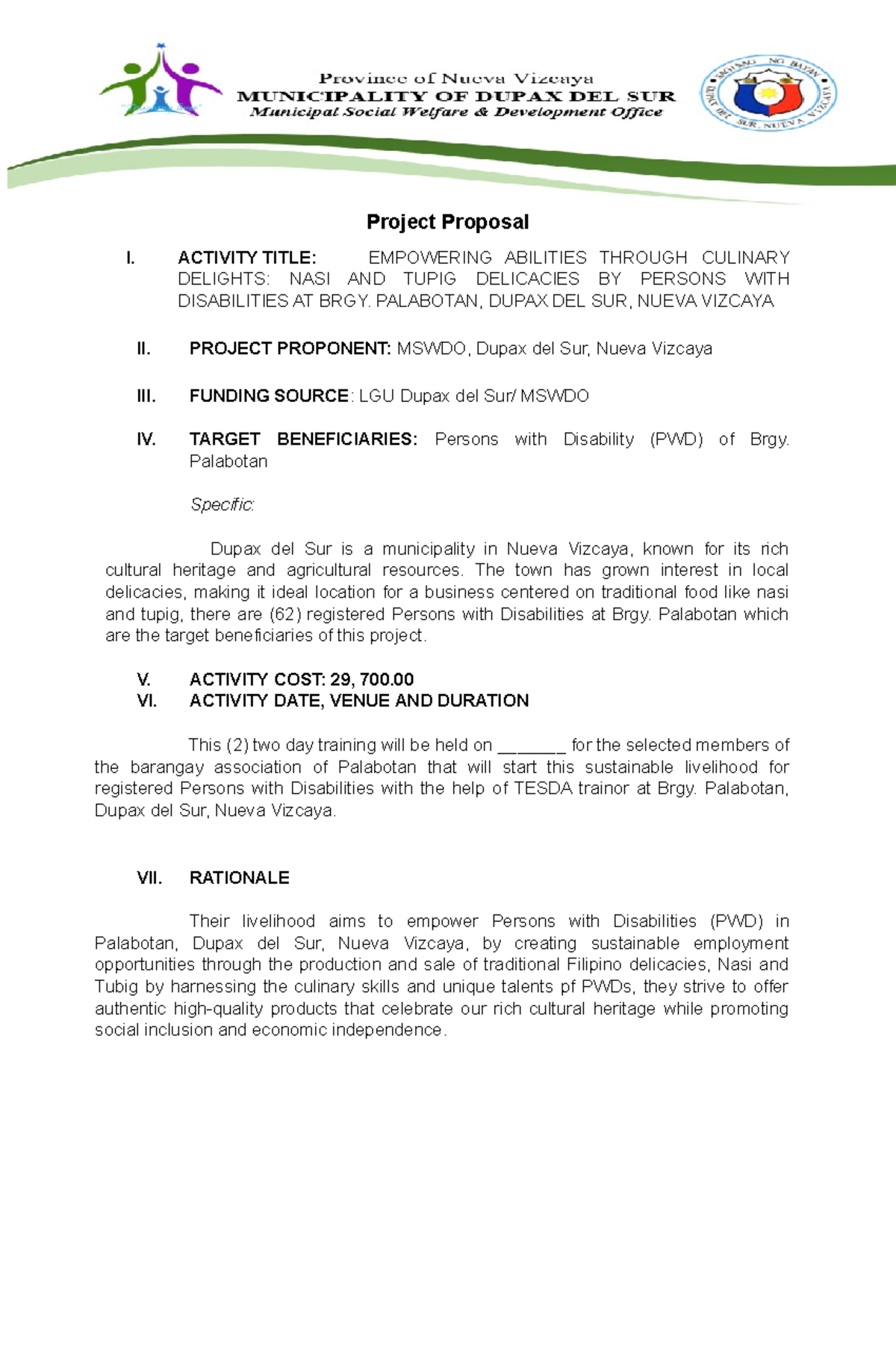 Livelihood Project Proposal Palabota - Project Proposal I. ACTIVITY ...