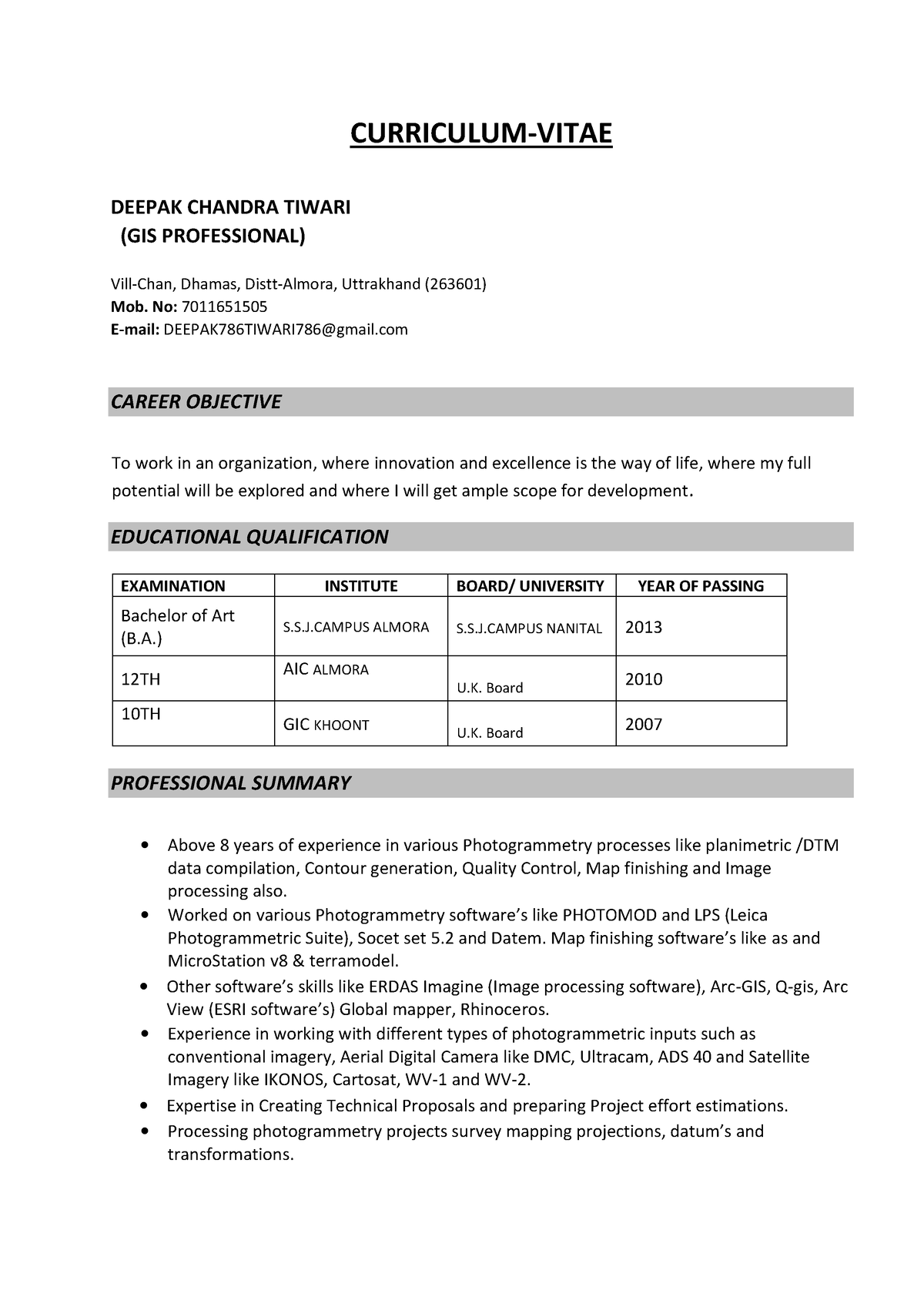 Deepak Tiwari Cv - mfgfgjnsa - CURRICULUM-VITAE DEEPAK CHANDRA TIWARI ...