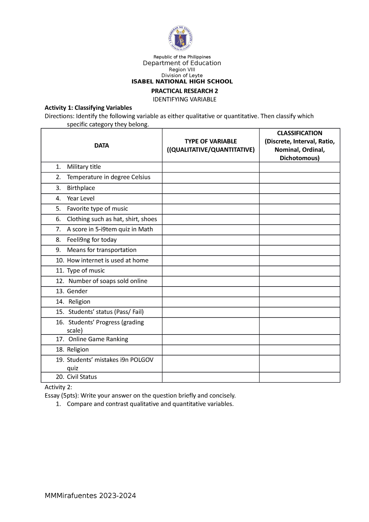 Practical Research 2 variable act - PRACTICAL RESEARCH 2 IDENTIFYING ...