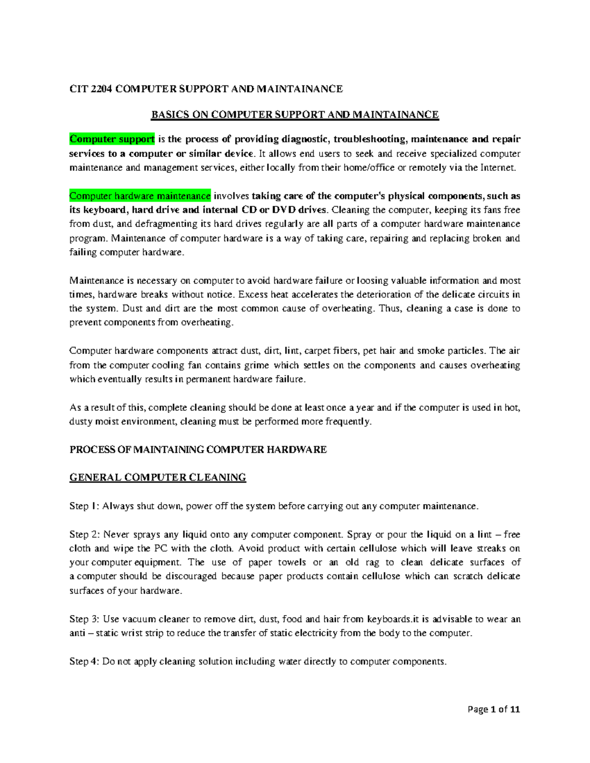 Maintenance Notes - Mr.Swamad - CIT 2204 COMPUTER SUPPORT AND ...