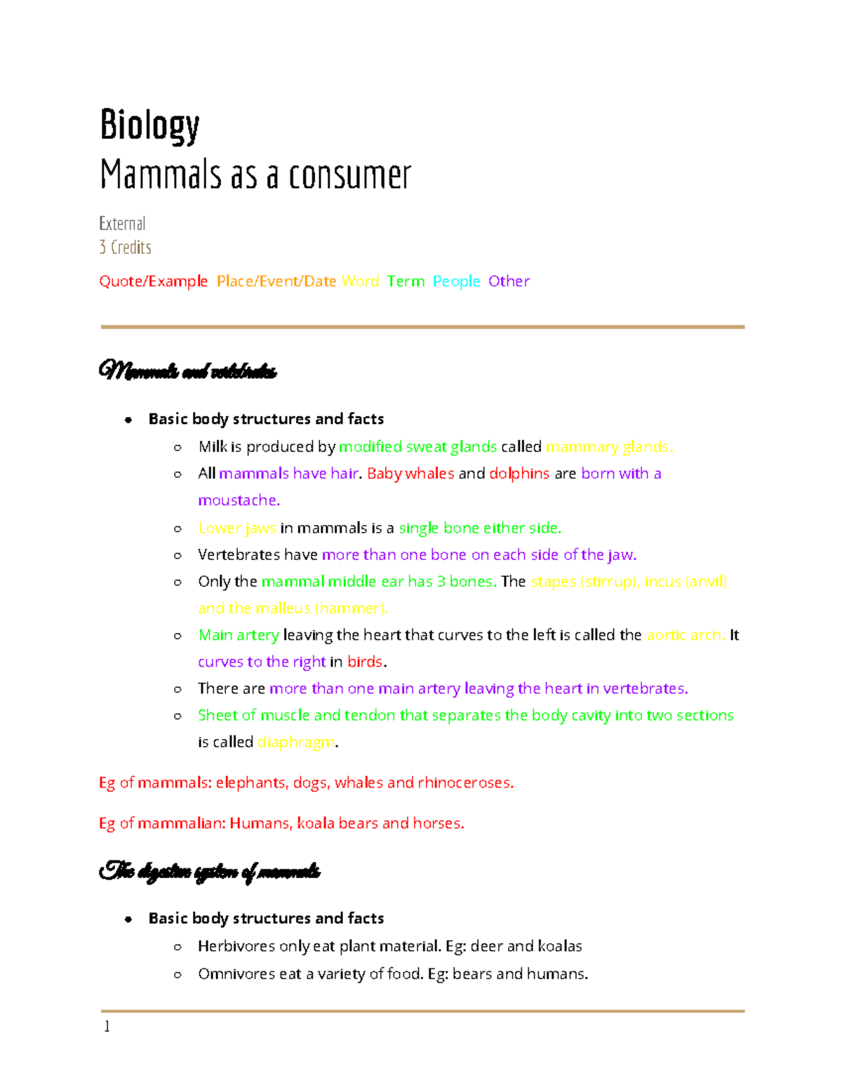 Biology External Biology Mammals as a consumer External 3 Credits