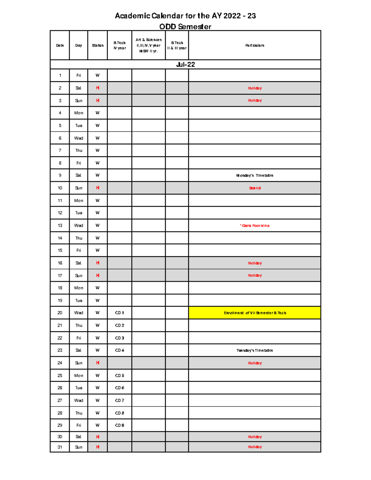 ODD Sem Academic Calender AY 2022 23 30June - Date Day Status B year ...