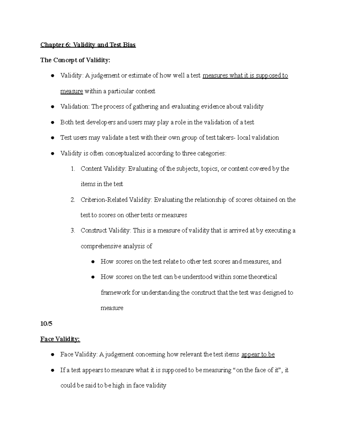 Chapter 6 lecture notes - Chapter 6: Validity and Test Bias The Concept ...