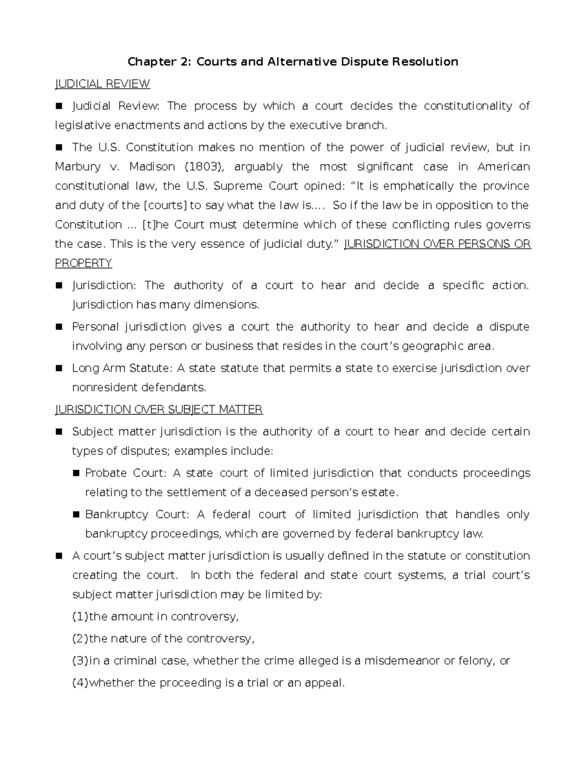 Chapter 2 Outline - Lecture notes 2-3 - Chapter 2: Courts and ...