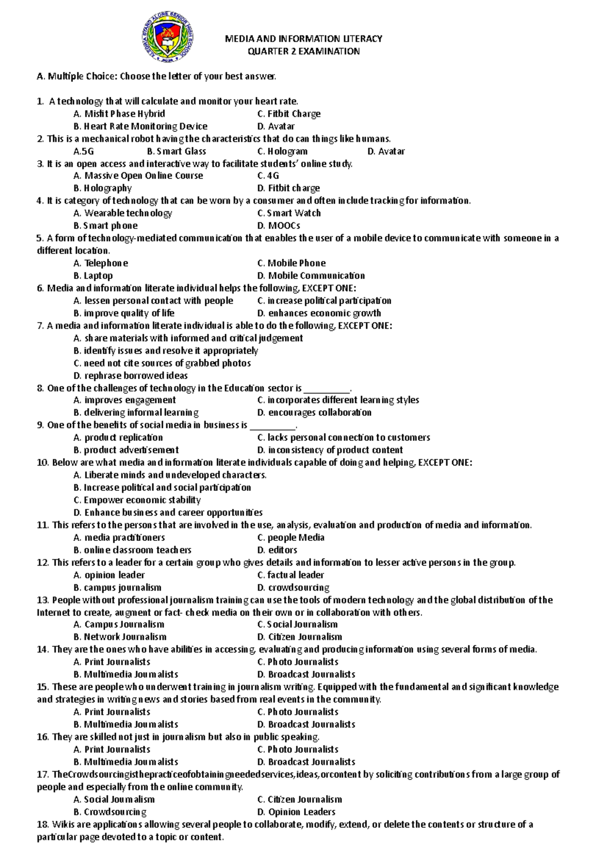 MIL Final Exam with Answer key - MEDIA AND INFORMATION LITERACY QUARTER ...