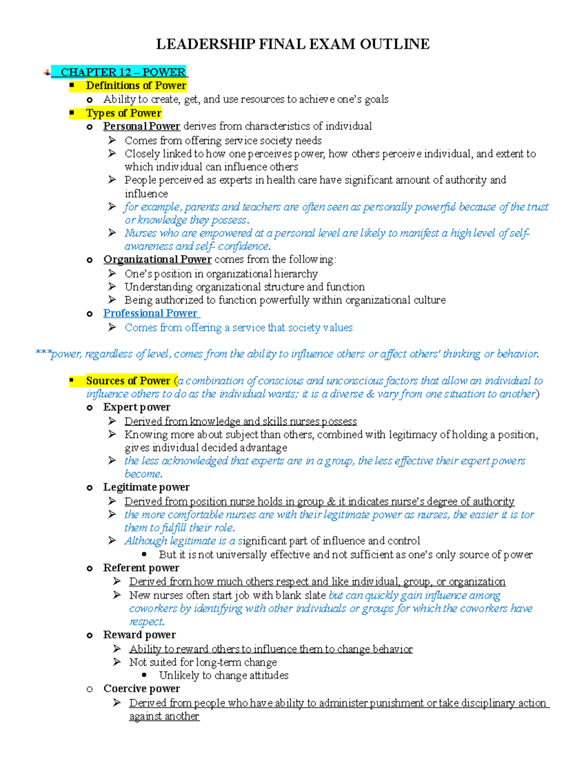 Final EXAM Outline FOR Leadership LEADERSHIP FINAL EXAM OUTLINE