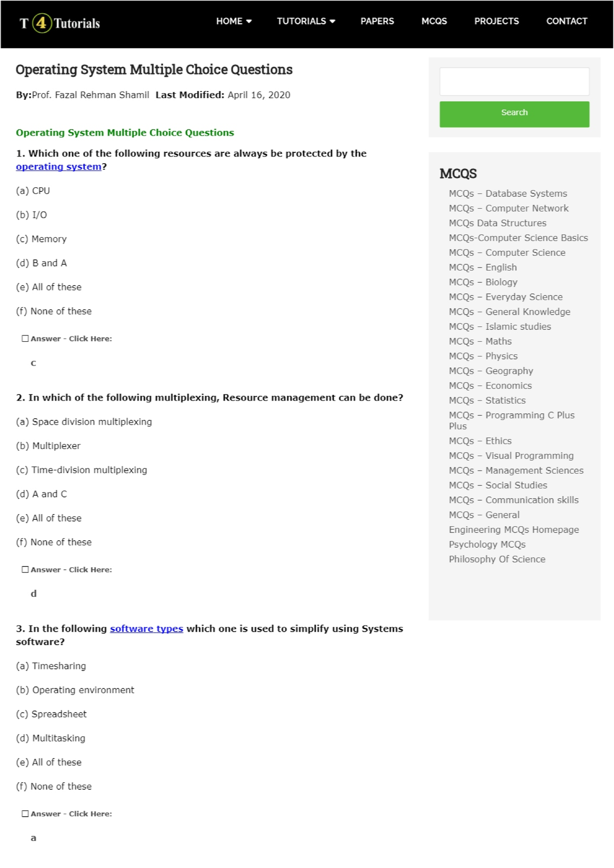 SET 2 Operating System Computer Science MCQs in PDF Wisconsin Public ...
