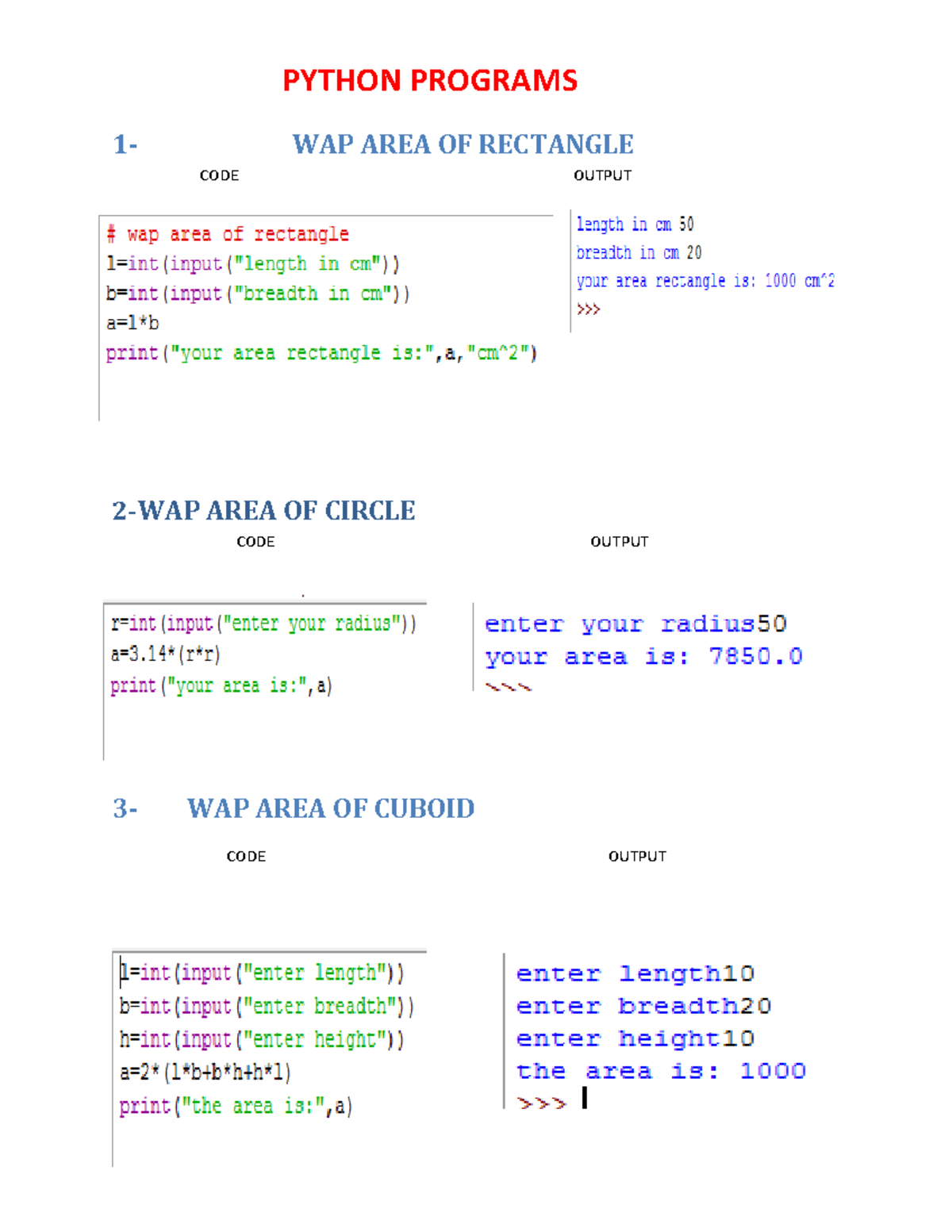 Practical - gggggg - 1- WAP AREA OF RECTANGLE CODE OUTPUT 2- WAP AREA ...