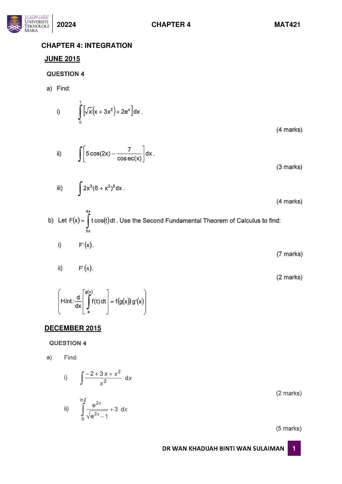 Tutorial - Chapter 4 - Integration - Calculus I - CHAPTER 4 ...