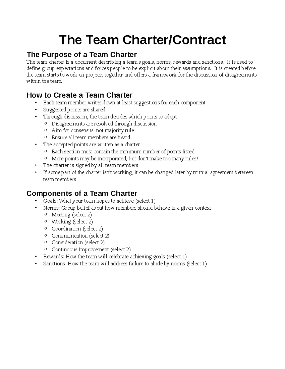 Team Charter Student Handout Version 1 - The Team Charter/Contract The ...