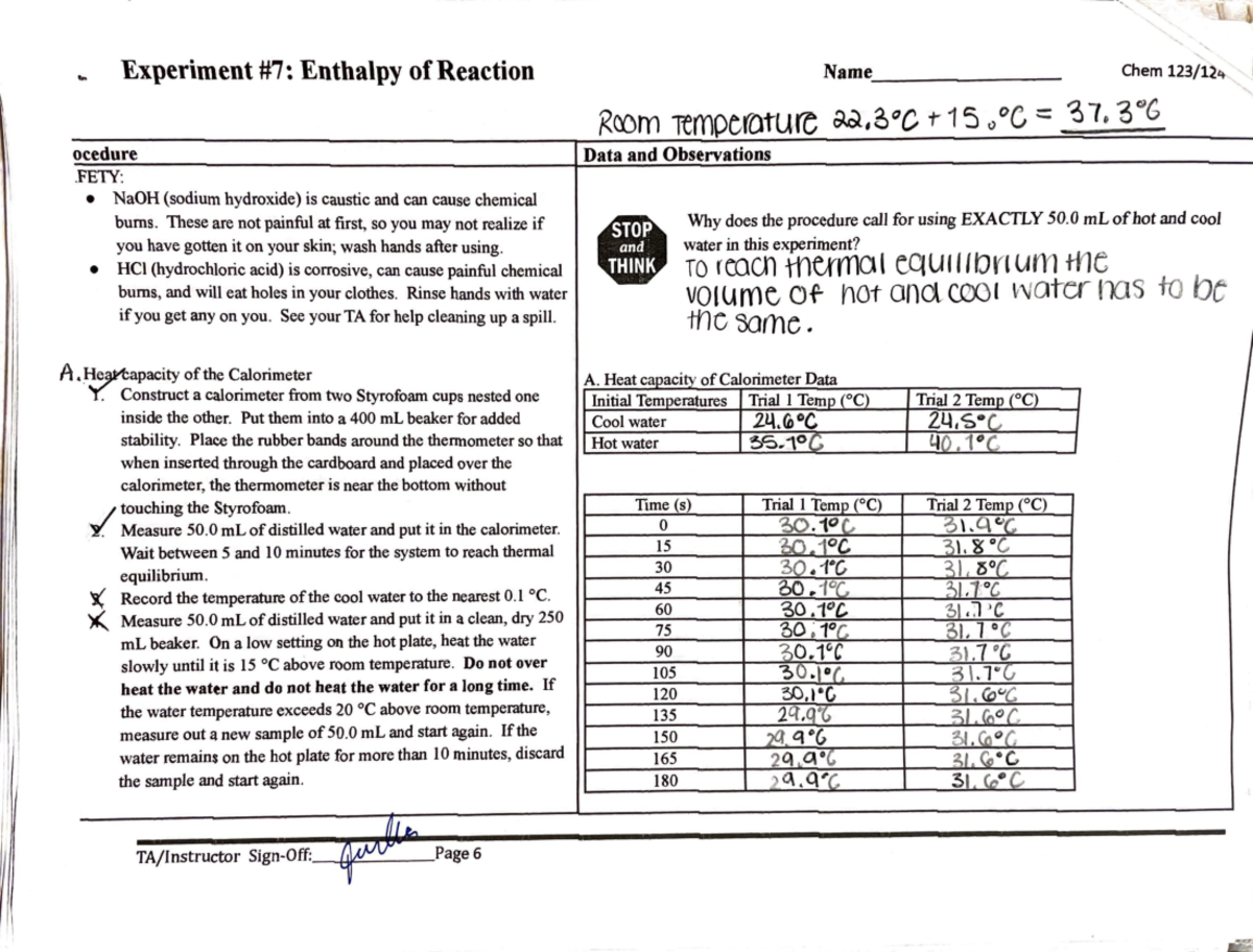 experiment 7 enthalpy of reaction