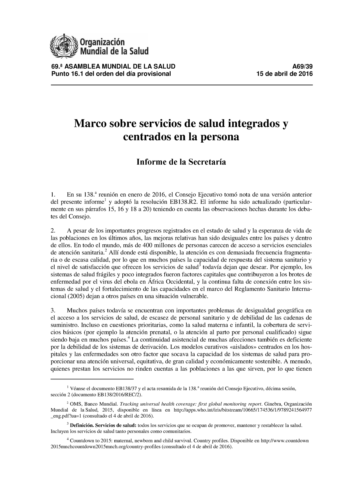 A69 39 Sp Salud Universal 69ª Asamblea Mundial De La Salud A69 Punto 16 Del Orden Del Día 7915