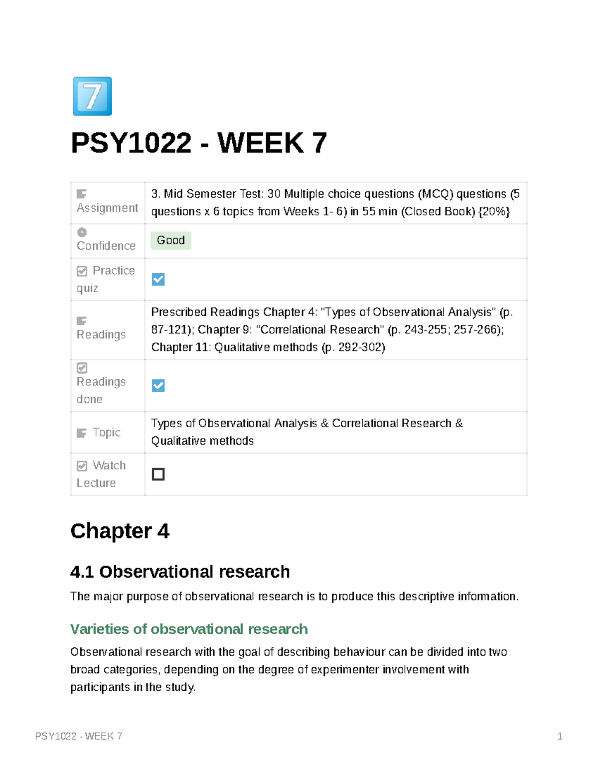 PSY1022 - WEEK 7 - Full Notes Wk 7 - PSY1022 - WEEK 7 Assignment Mid ...