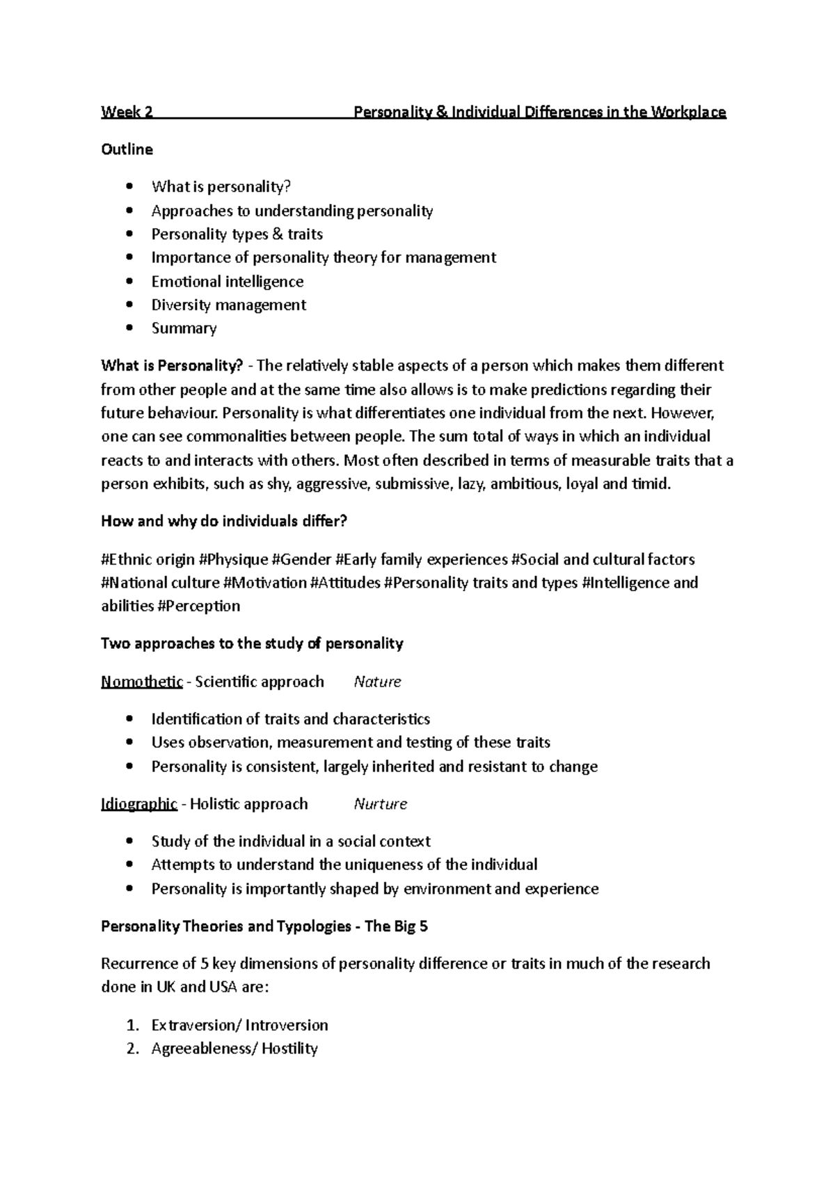 Week 2 Personality & Individual Differences in the Workplace - Week 2 ...