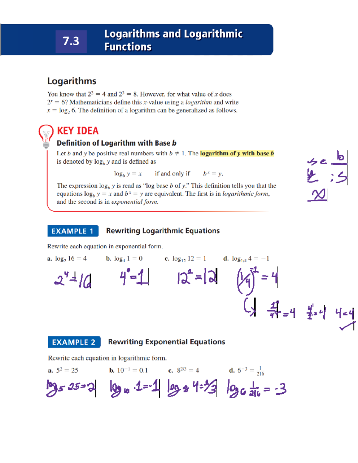 7 - Math notes - Logarithms and Logarithmic 7 Functions Logarithms You ...