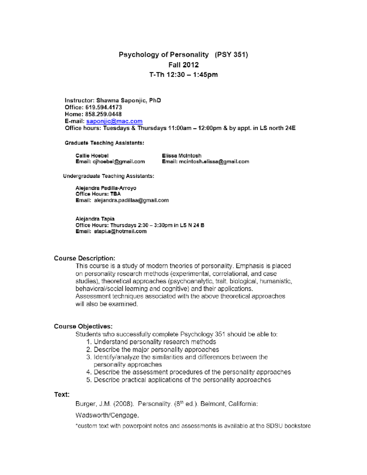 Psychology of Personality (PSY 351) - PSY 258 - Studocu